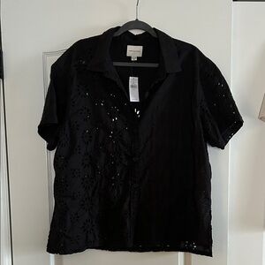 American Eagle Outfitters Black Eyelet Button-Down Shirt